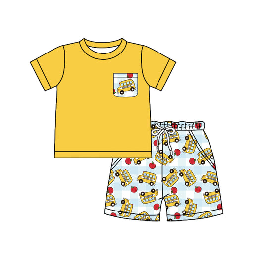 preorder BSSO1830 Back To School Bus Yellow Pocket Short Sleeve Shorts Boys Set