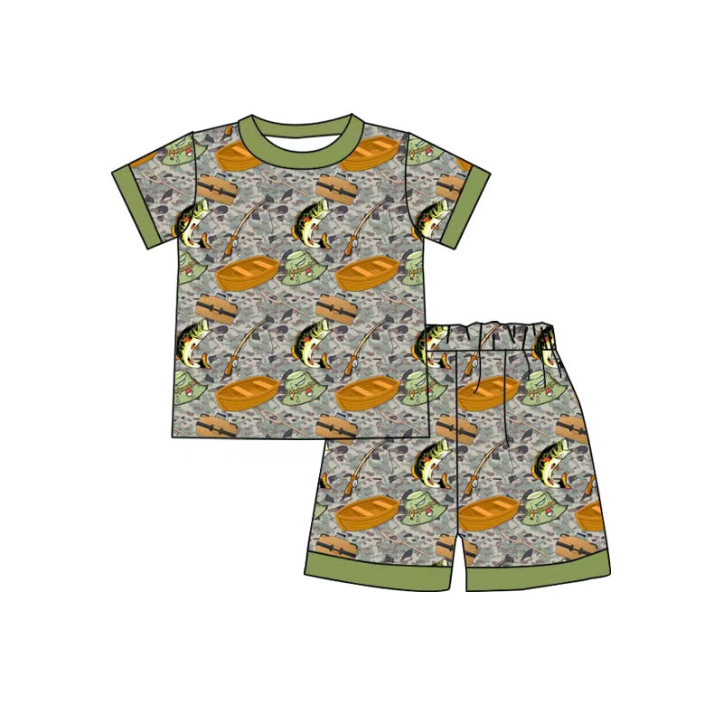 preorder BSSO1852 Fishing Green Short Sleeve Shorts Boys Pajamas