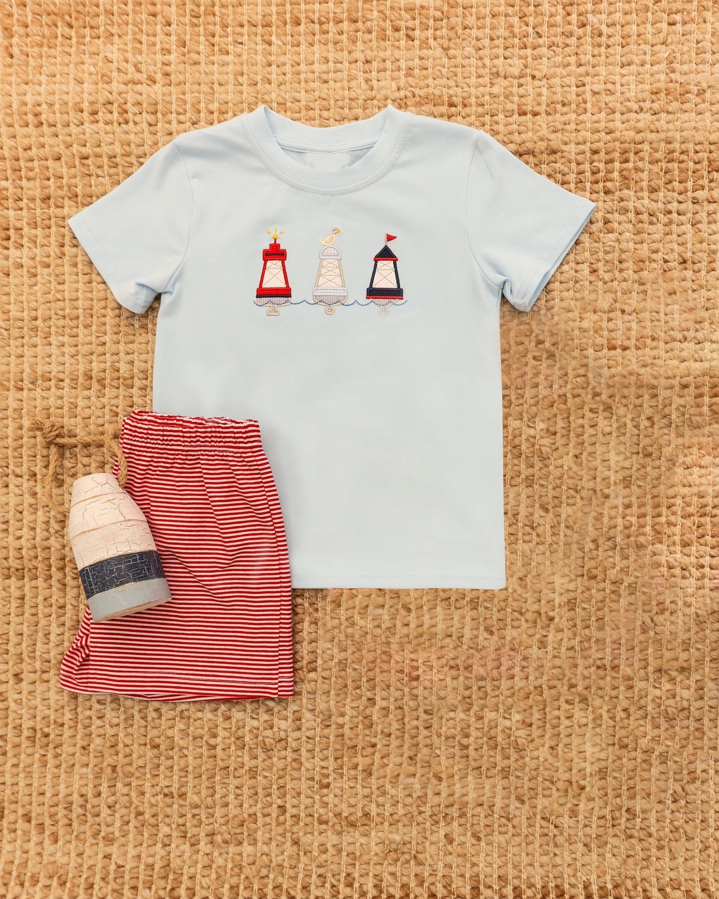 preorder BSSO1863 Lighthouse Blue Short Sleeve Red Striped Shorts Boys Set