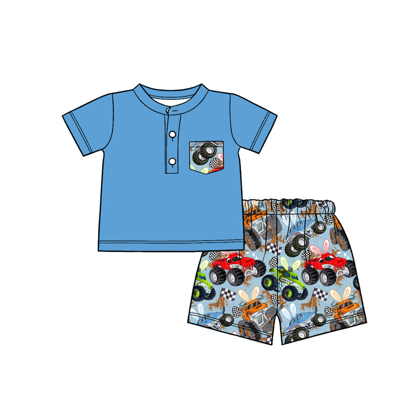 preorder BSSO1864 Easter Pocket Blue Short Sleeve Shorts Boys Set
