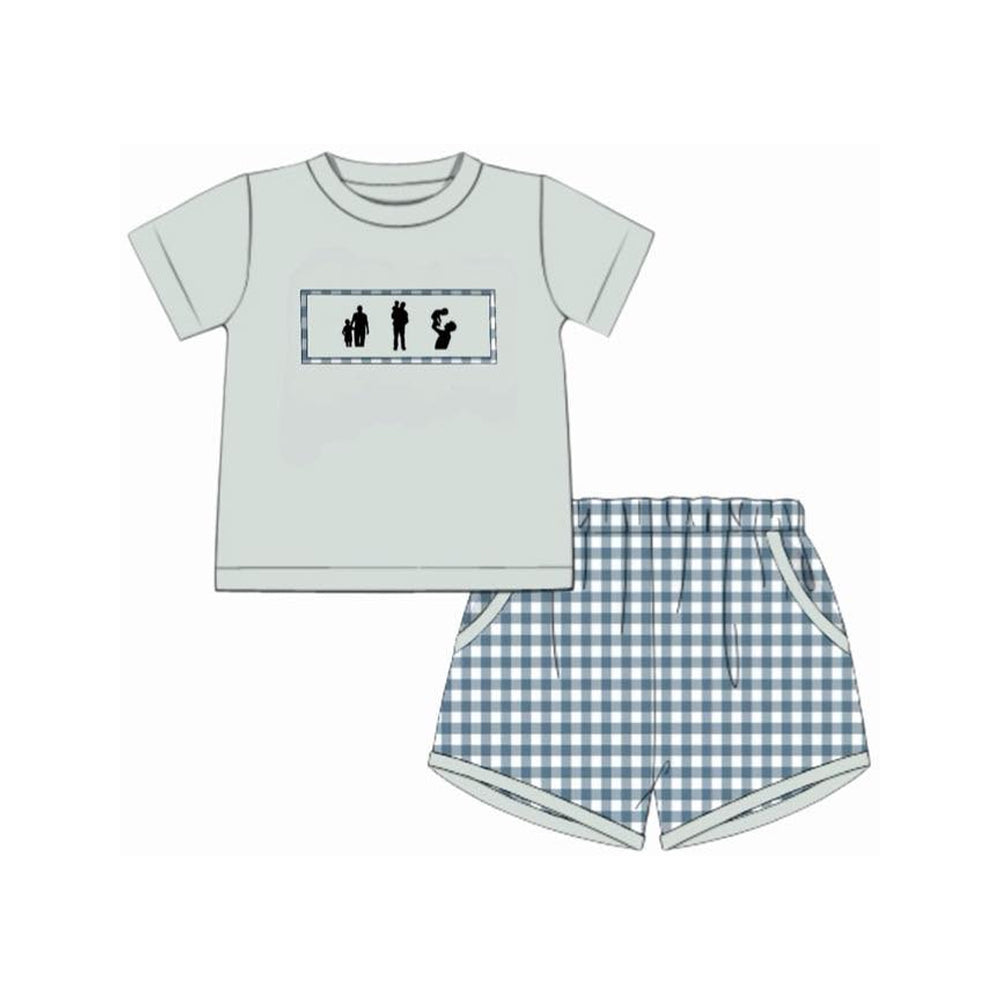 preorder BSSO1868 Daddy and Me Short Sleeve Blue Checkered Shorts Boys Set