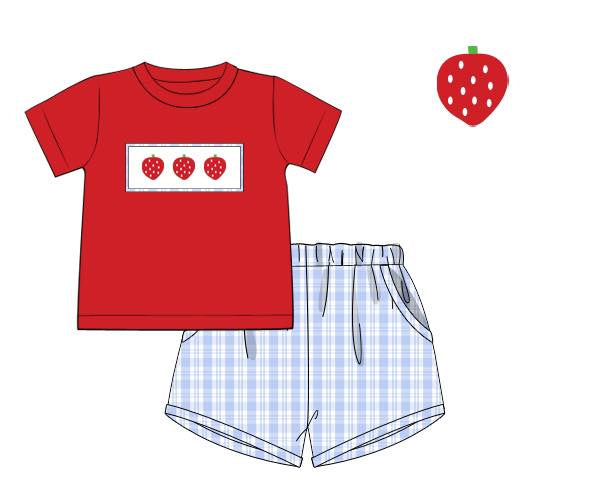 preorder BSSO1871 Strawberry Red Short Sleeve Blue Shorts Boys Set