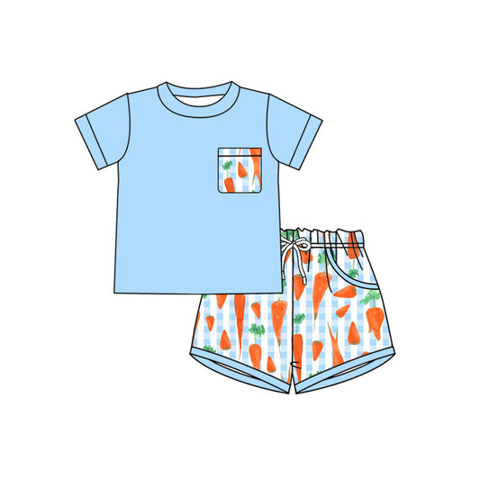 preorder BSSO1872 Easter Carrot Blue Pocket Short Sleeve Shorts Boys Set