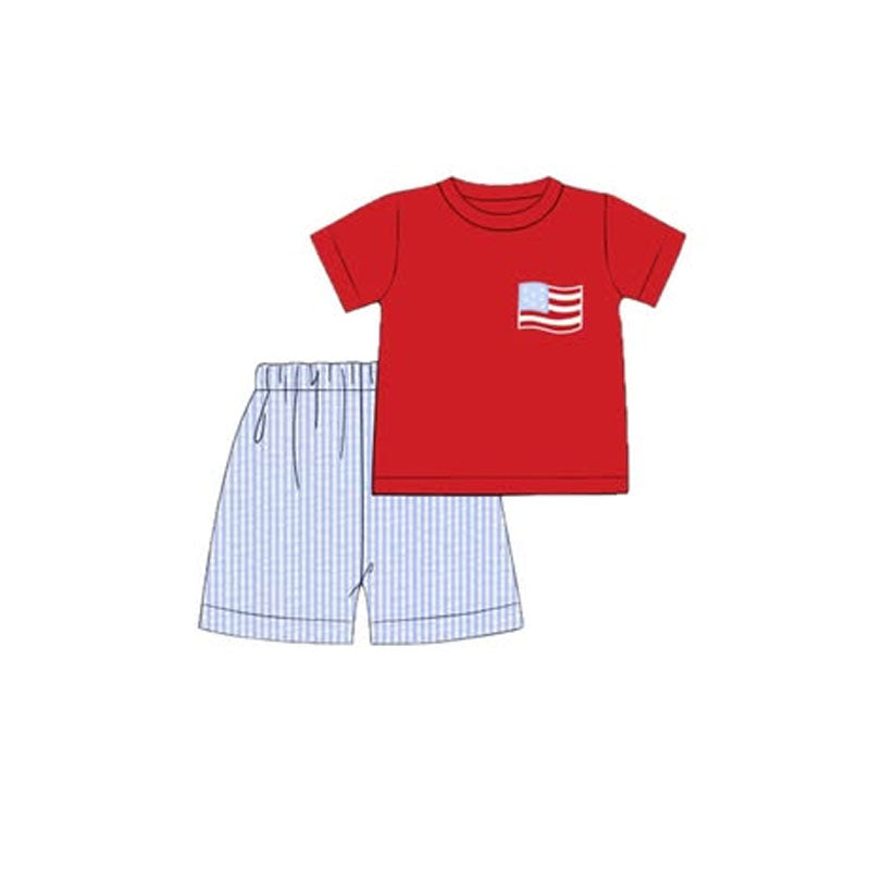 preorder BSSO1873 July 4th Flag Red Short Sleeve Blue Shorts Boys Set