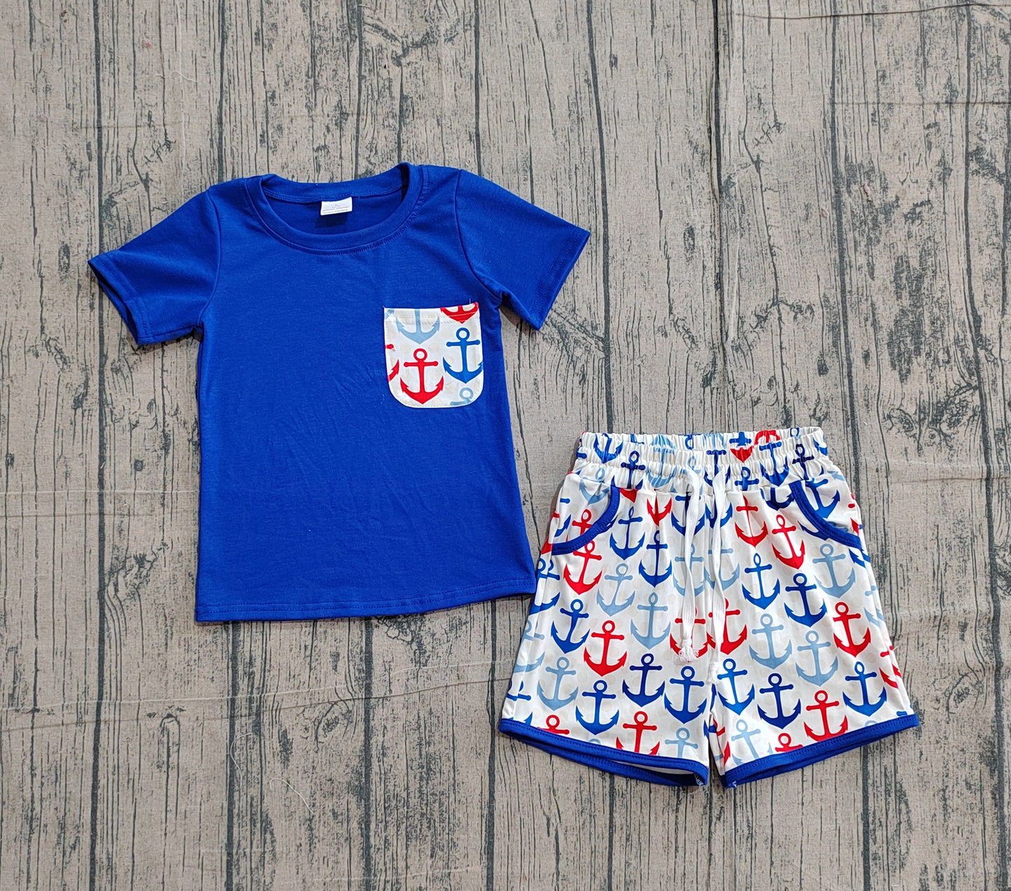 preorder Samples BSSO1874 July 4th Anchor Pocket Navy Blue Short Sleeve Shorts Boys Set