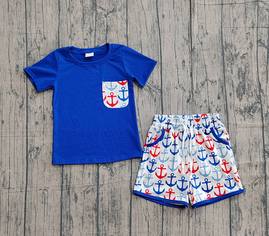preorder Samples BSSO1874 July 4th Anchor Pocket Navy Blue Short Sleeve Shorts Boys Set