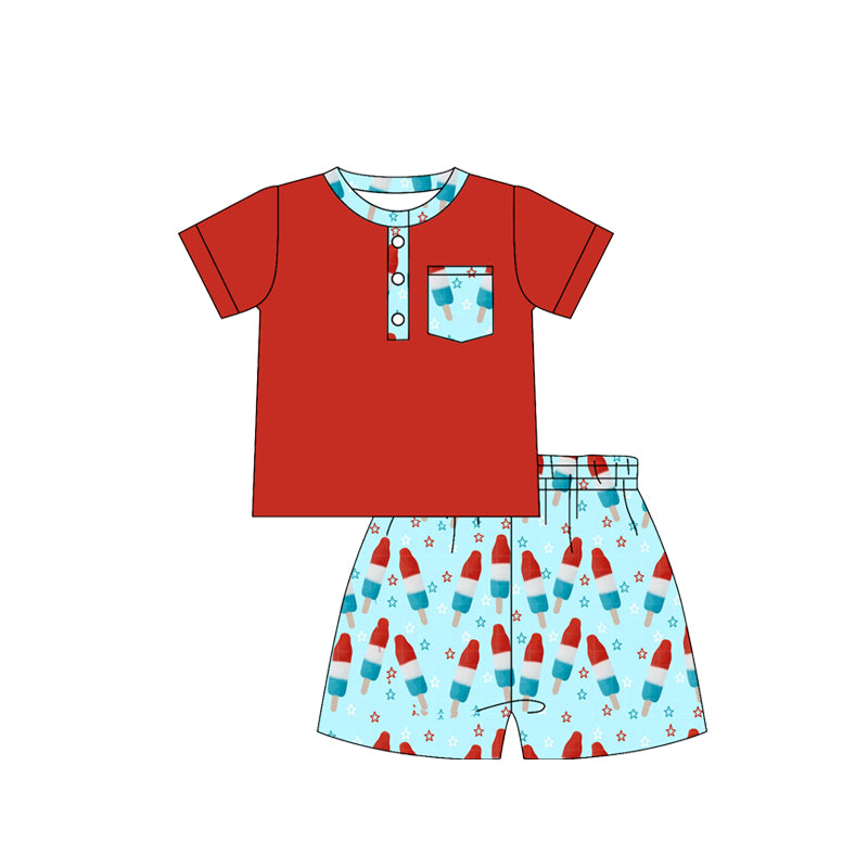 preorder BSSO1878 July 4th Ice Red Pocket Short Sleeve Shorts Boys Set