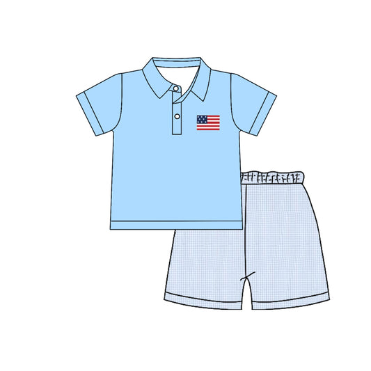 preorder BSSO1879 July 4th Ice Flag Blue Short Sleeve Shorts Boys Set