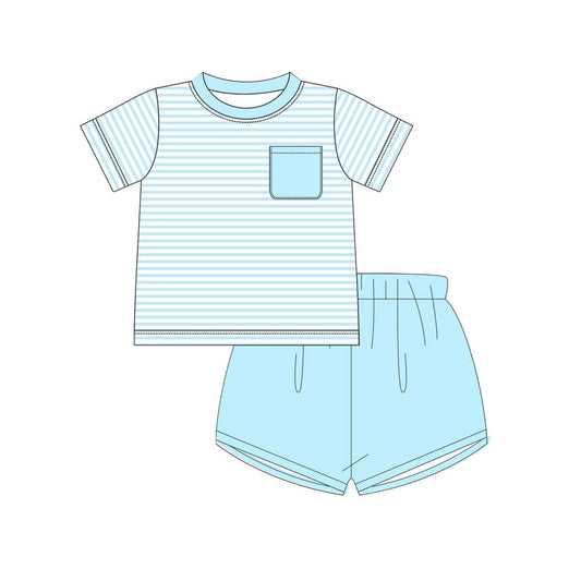 preorder BSSO1880 Blue Striped Pocket Short Sleeve Shorts Boys Set