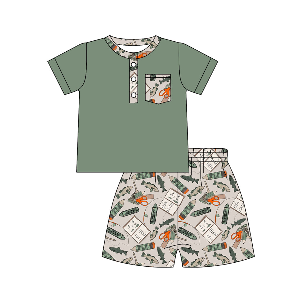 preorder BSSO1881 Back To School Fishing Green Shorts Sleeve Shorts Boys Set