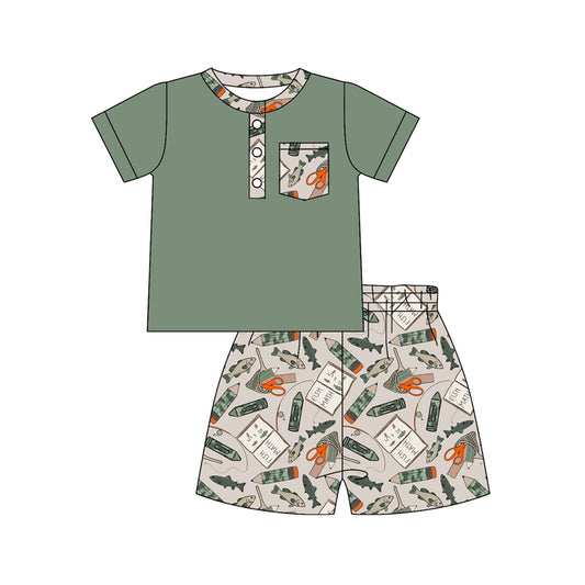preorder BSSO1881 Back To School Fishing Green Shorts Sleeve Shorts Boys Set
