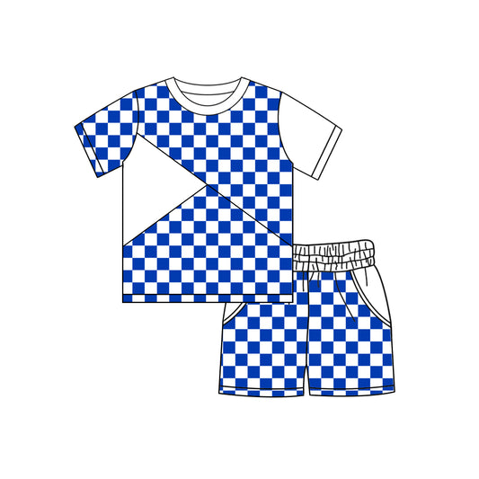 preorder BSSO1893 Blue Checkered Short Sleeve Shorts Boys Set