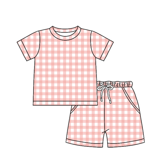 preorder BSSO187 Pink Checkered Short Sleeve Shorts Boys Set