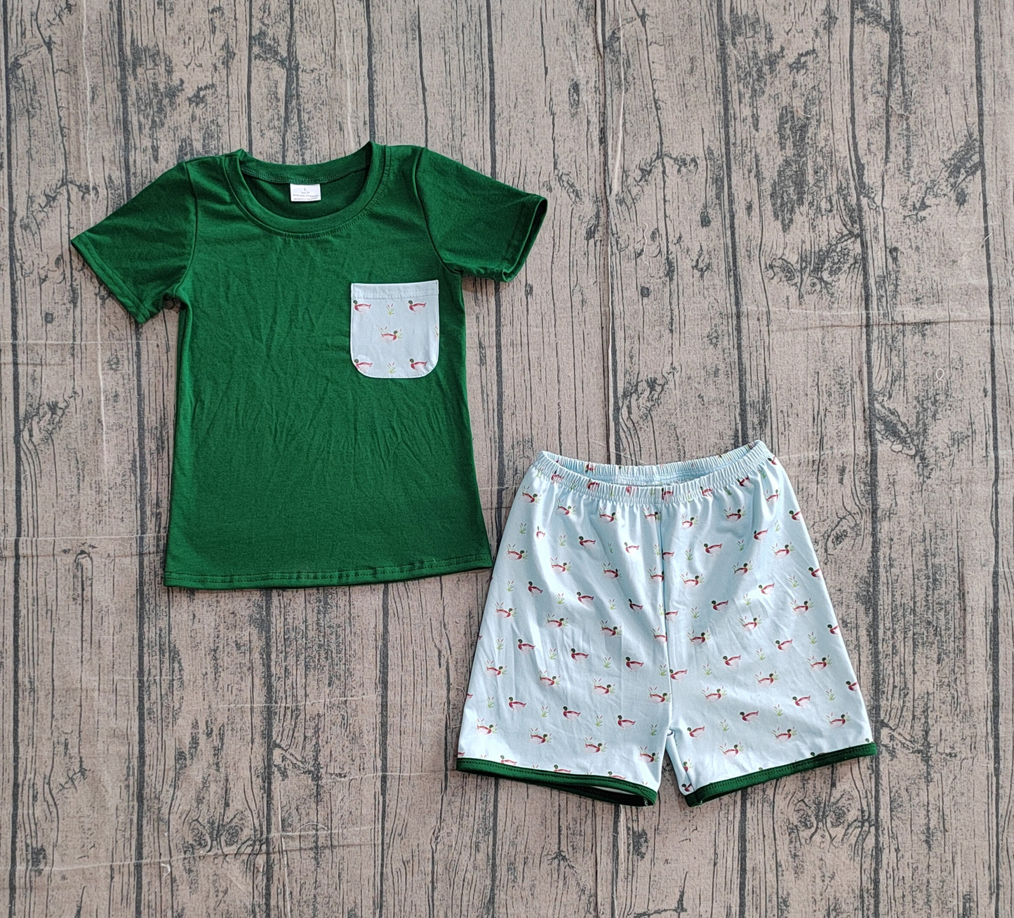preorder Samples BSSO1899 Hunting Mallard Green Pocket Short Sleeve Shorts Boys Set