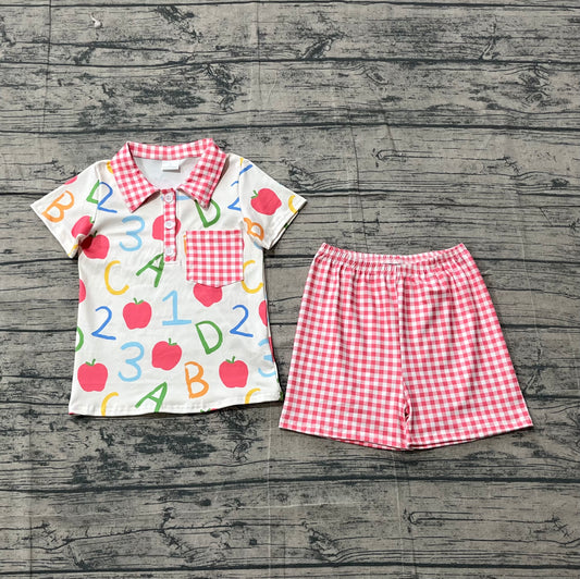 preorder BSSO1913 Back To School Apple Pocket Short Sleeve Red Checkered Shorts Boys Set