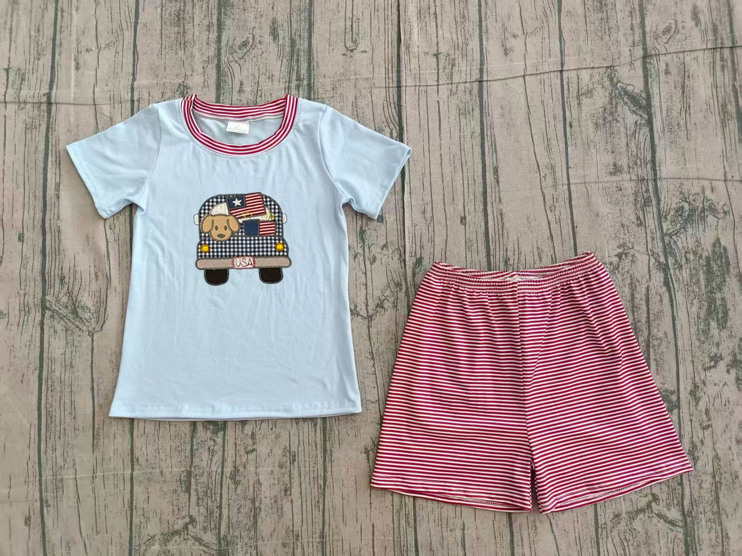 preorder Samples BSSO1918 July 4th Dog Truck Blue Short Sleeve Red Shorts Boys Set