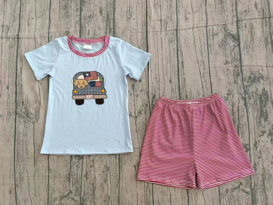 preorder Samples BSSO1918 July 4th Dog Truck Blue Short Sleeve Red Shorts Boys Set