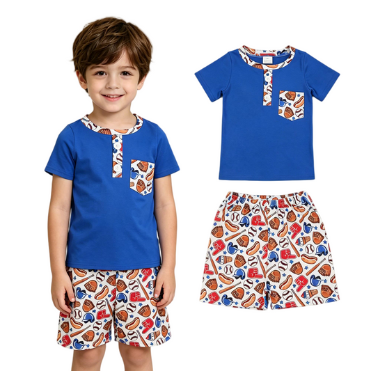 BSSO1922 Baseball Hot Dog Navy Blue Short Sleeve Shorts Boys Set