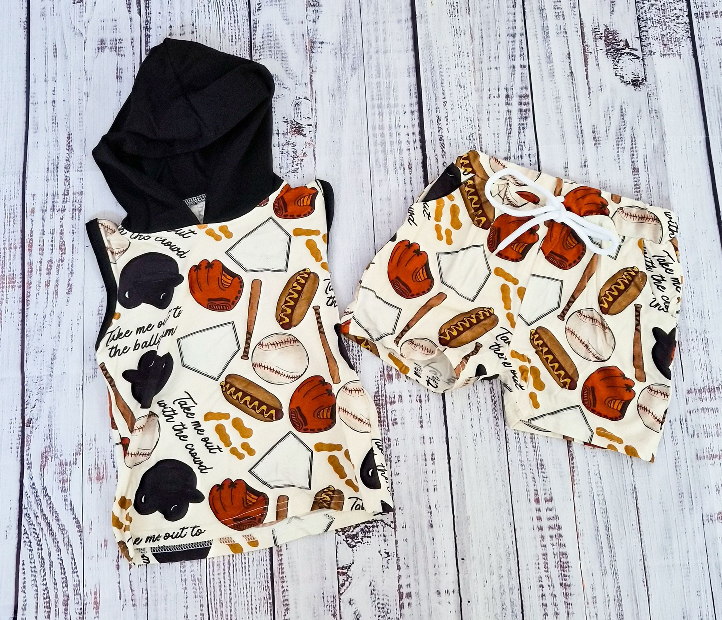 preorder BSSO1935 Baseball Hot Dog Hoodie Sleeveless Shorts Boys Set