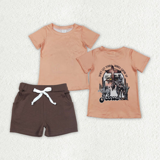 BSSO1906 Western Rodeo Orange Short Sleeve Brown Shorts Boys Set