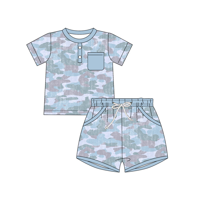 preorder BSSO1937 Blue Camo Pocket Short Sleeve Shorts Boys Set