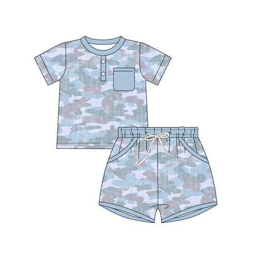 preorder BSSO1937 Blue Camo Pocket Short Sleeve Shorts Boys Set