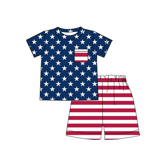 preorder BSSO1941 July 4th Star Pocket Short Sleeve Red Striped Shorts Boys Set