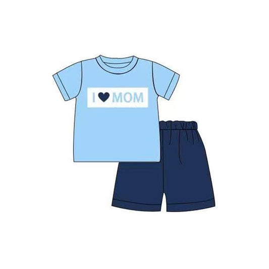 preorder BSSO1942 I Love Mom Blue Short Sleeve Navy Blue Shorts Boys Set