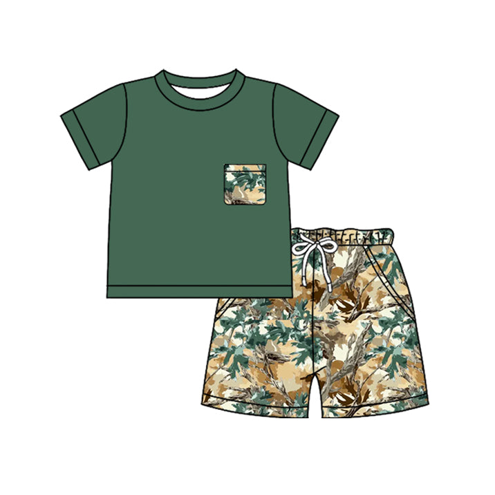 preorder BSSO1956 Dark Green Branch Pocket Short Sleeve Shorts Boys Set