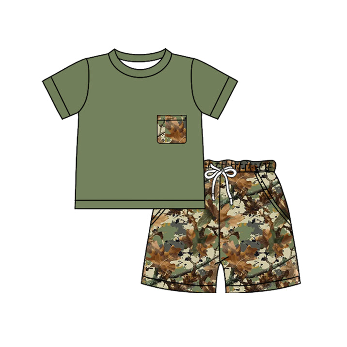 preorder BSSO1958 Light Green Branch Pocket Short Sleeve Shorts Boys Set