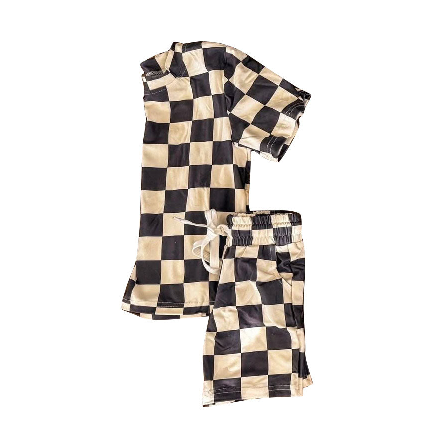 preorder BSSO1961 Black Checkered Short Sleeve Shorts Boys Set