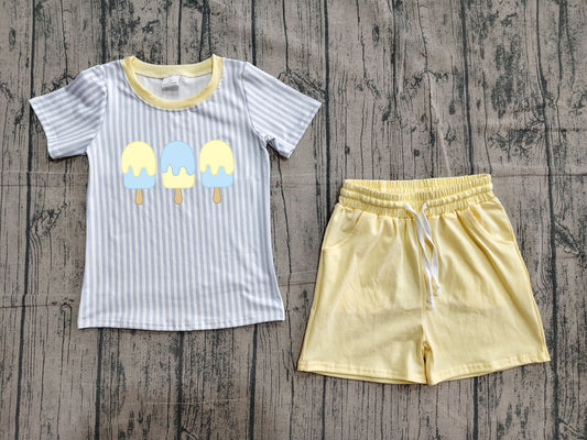 preorder Samples BSSO1975 Cartoon Ice Blue Striped Short Sleeve Shorts Boys Set