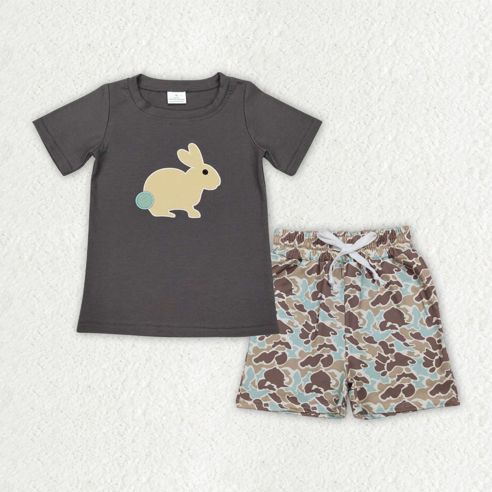 BSSO1987 Embroidery Easter Grey Short Sleeve Camo Shorts Boys Set