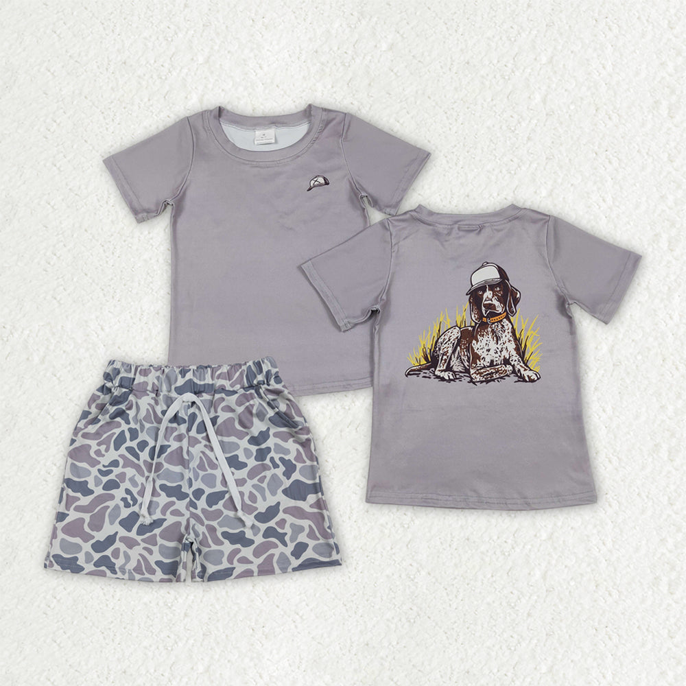 BSSO1988 Hunting Dog Grey Short Sleeve Camo Shorts Boys Set