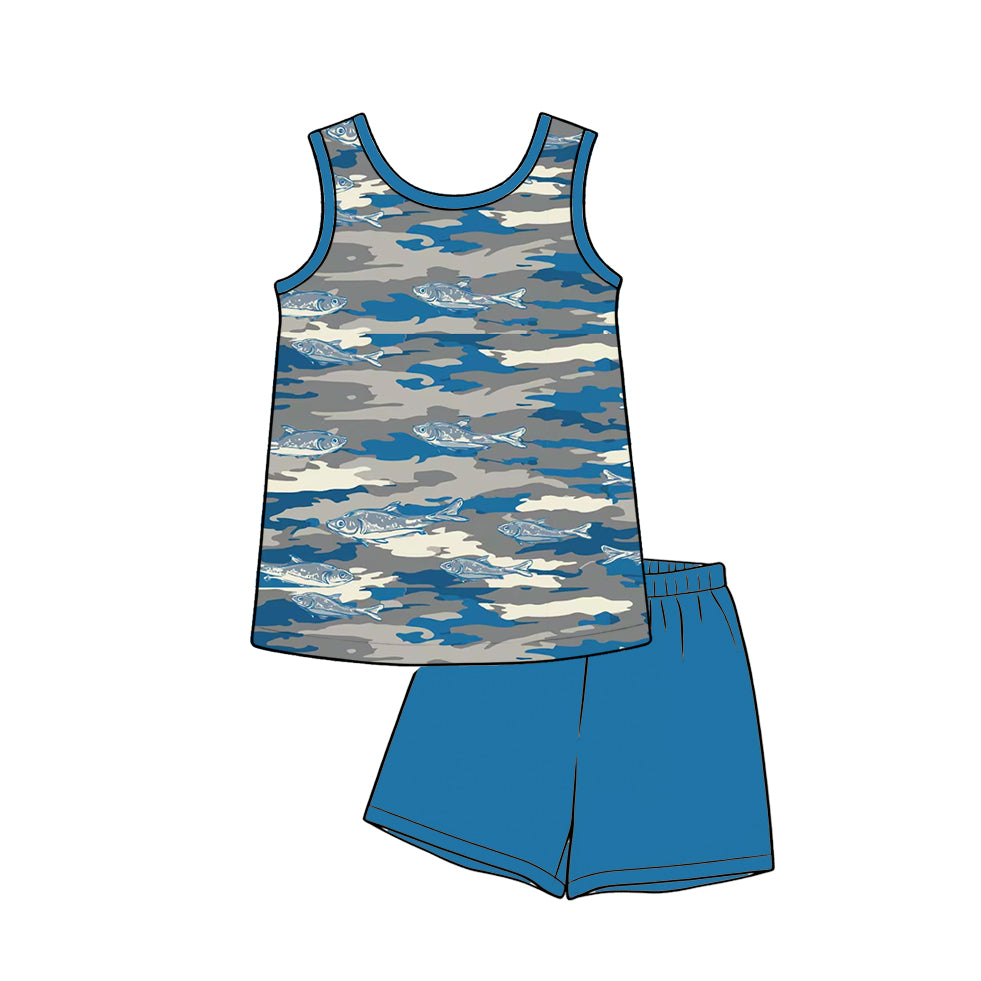 preorder BSSO1991 Fishing Camo Sleeveless Blue Shorts Boys Set
