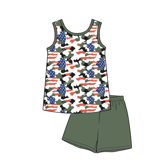 preorder BSSO1993 July 4th Flag Camo Sleeveless Green Shorts Boys Set