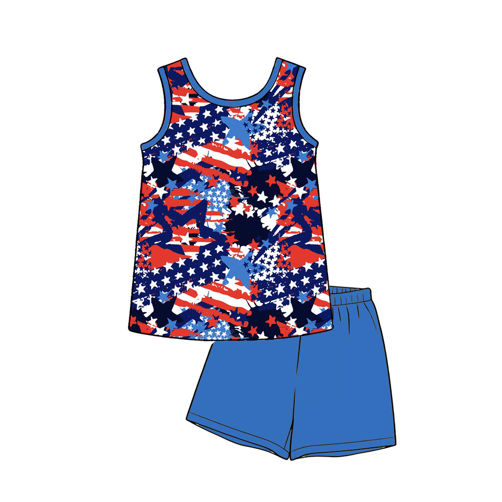 preorder BSSO1995 July 4th Flag Camo Sleeveless Blue Shorts Boys Set