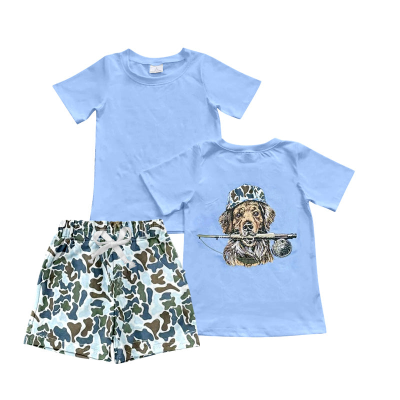 preorder BSSO1999 Dog Fishing Blue Short Sleeve Camo Shorts Boys Set