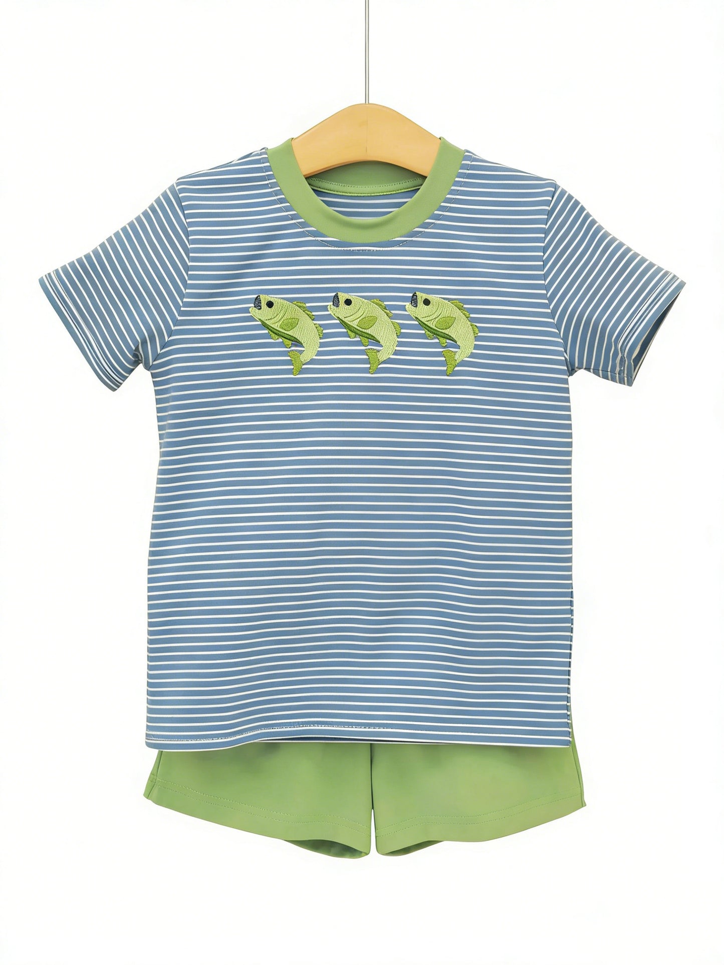 preorder BSSO1999 Fishing Blue Striped Short Sleeve Green Shorts Boys Set