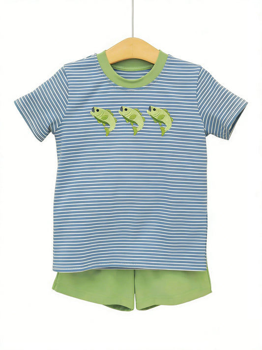preorder BSSO1999 Fishing Blue Striped Short Sleeve Green Shorts Boys Set