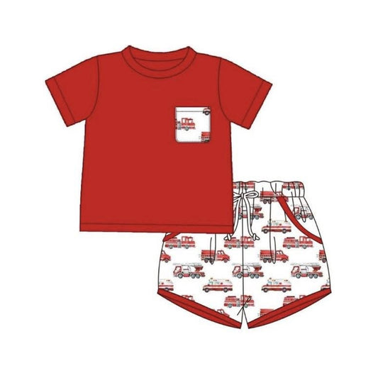 preorder BSSO2003 Firetruck Red Pocket Short Sleeve Shorts Boys Set
