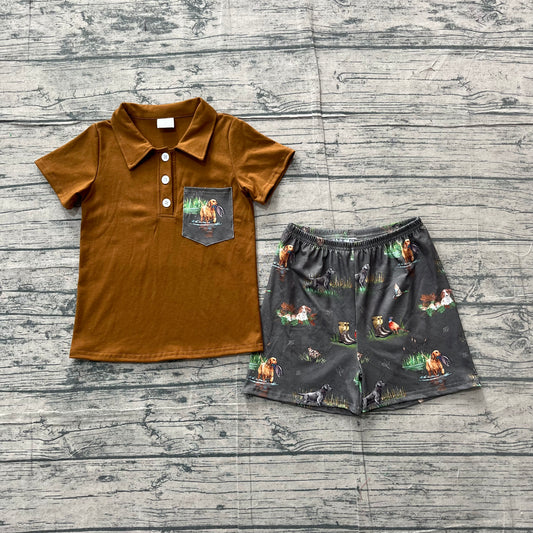 preorder Samples BSSO2014 Hunting Dog Mallard Pocket Brown Short Sleeve Shorts Boys Set