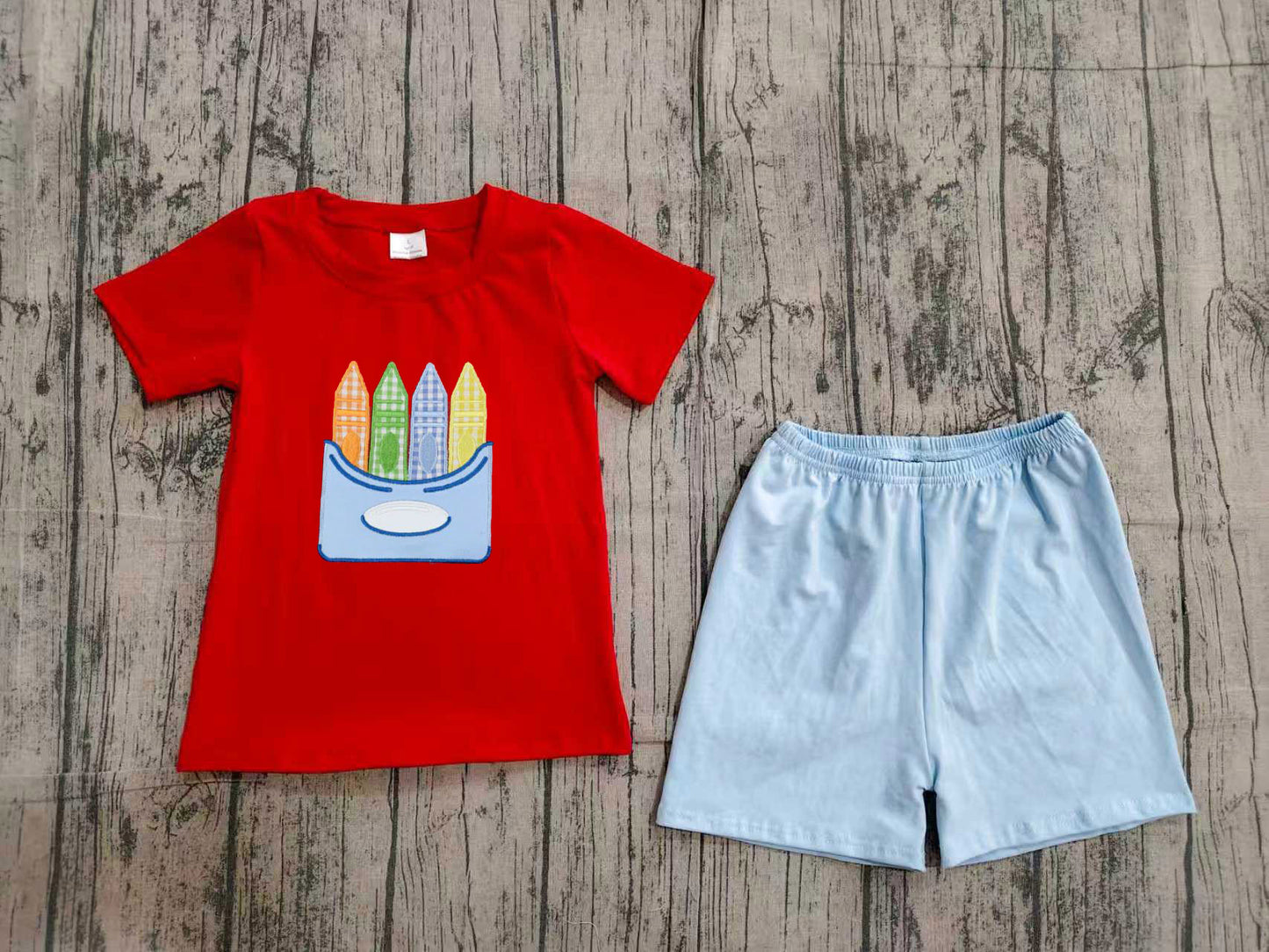 preorder Samples BSSO2023 Back To School Pen Red Short Sleeve Blue Shorts Boys Set