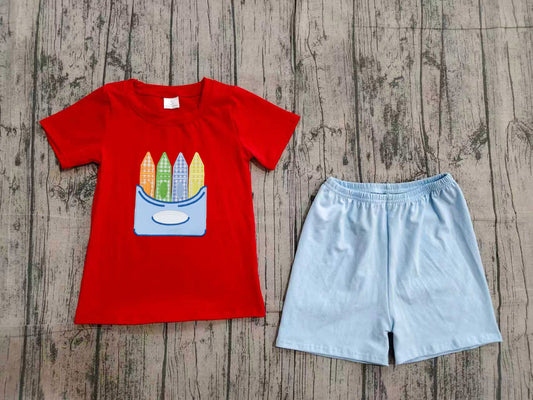 preorder Samples BSSO2023 Back To School Pen Red Short Sleeve Blue Shorts Boys Set