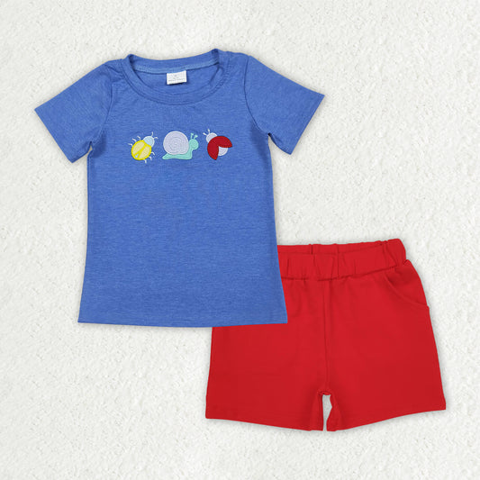 BSSO2031 Embroidery Ladybug Blue Short Sleeve Red Shorts Boys Set BT1725+SS0270