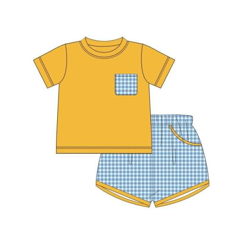 preorder BSSO2037 Orange Pocket Short Sleeve Blue Checkered Shorts Boys Set