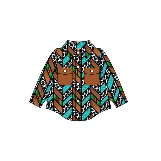 preorder BT0274 Cow Print Brown Pockets Long Sleeve Boys Top