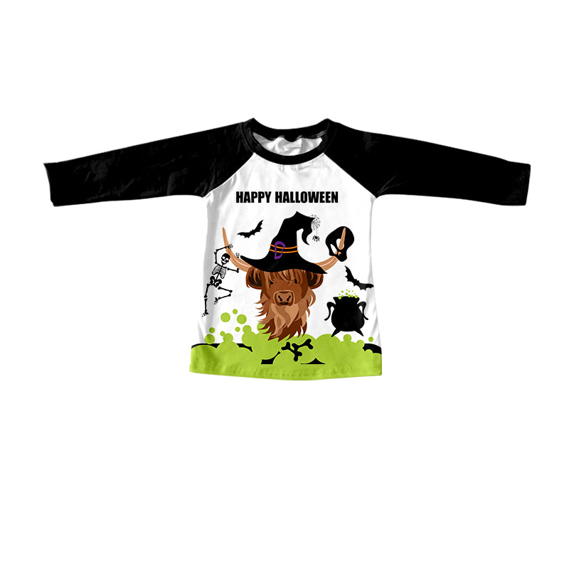 preorder BT0319 Happy Halloween highland cow green long sleeve boys top