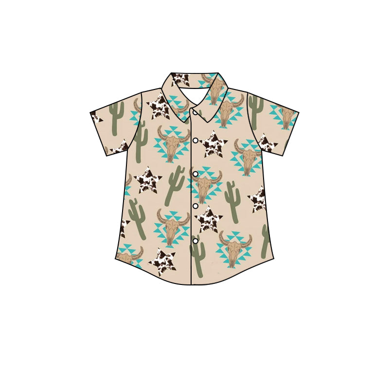 preorder BT0489 Western Aztec cactus cow short sleeve boys top