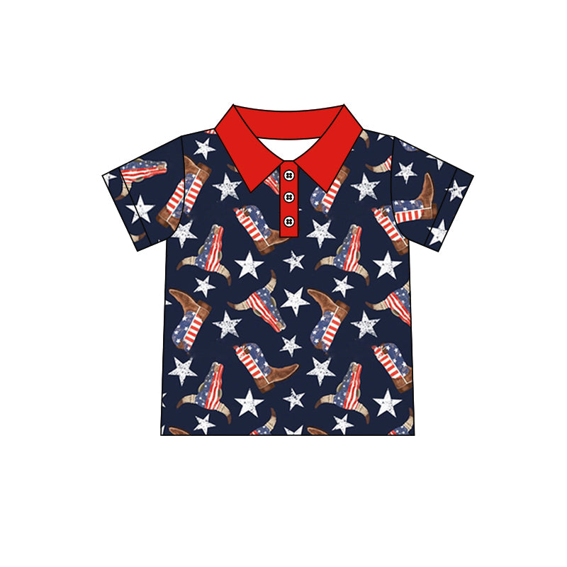 preorder BT0535 July 4th Cow Star Boot Navy Short Sleeve Boys Top